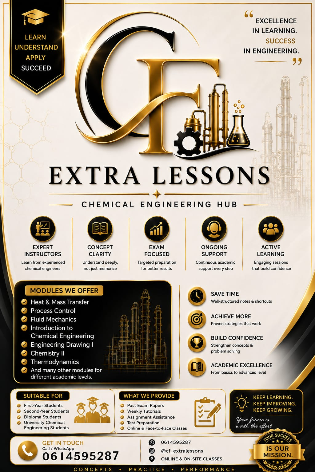CF Extra Lessons Chemical Engineering Hub poster with modules offered and contact details